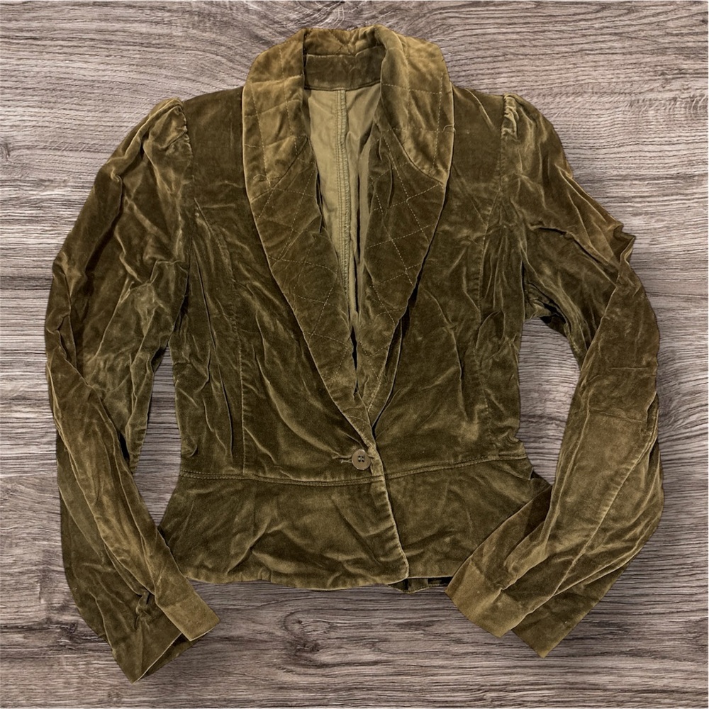 Vintage Olive Green Velvet Blazer with Notched Lapels and Fitted Silhouette Sz 8 - Picture 1 of 9